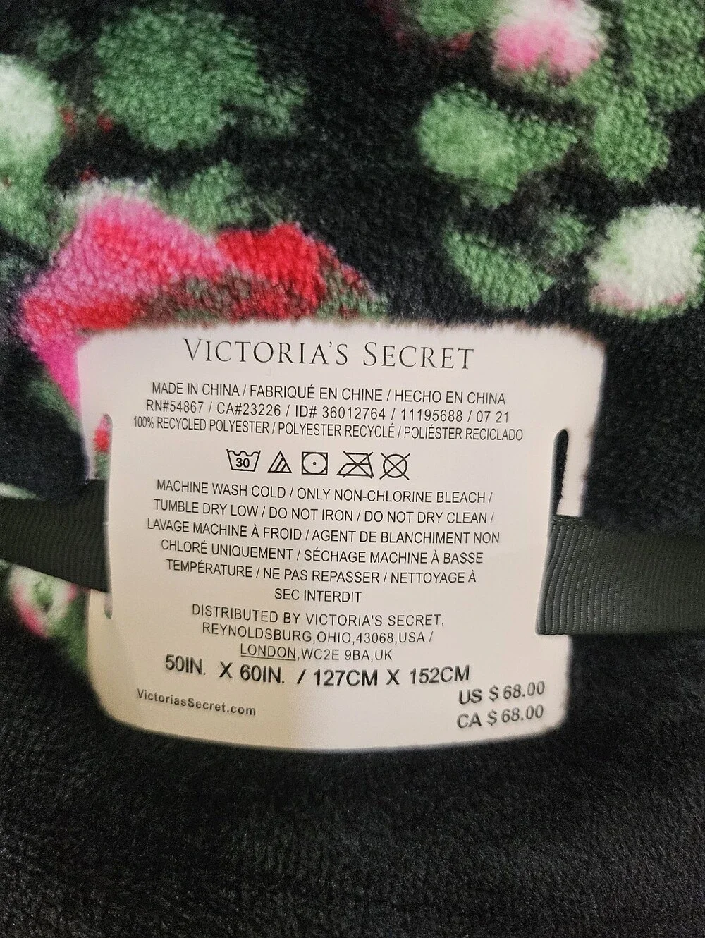 Victoria's Secret Black Plush Throw with Red & Green Floral Print